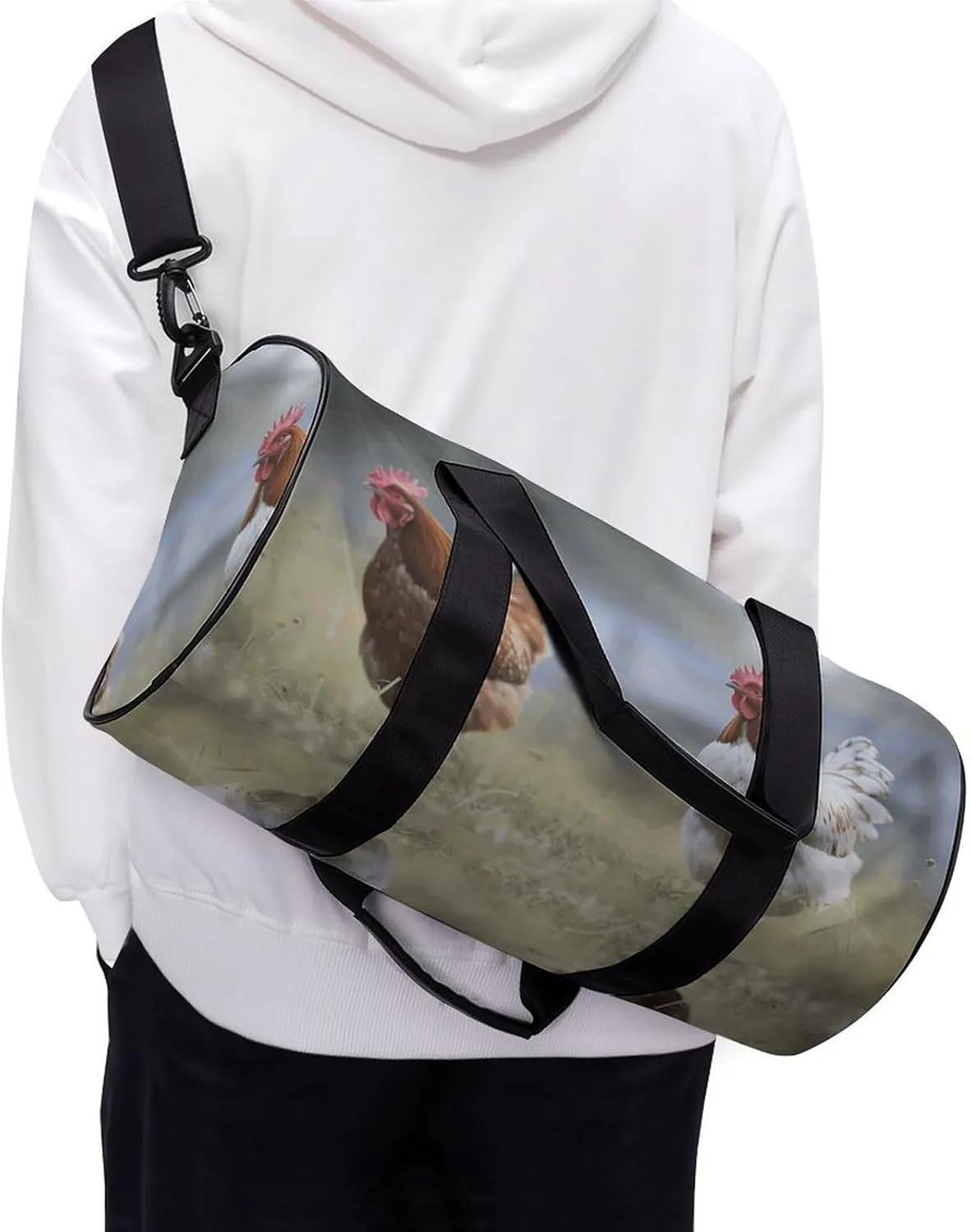 Travel Duffel Bag for Men And Women,Chicken on The Grass Waterproof Sports Fitness Bag Portable Travel Duffel Bag, 17.7in/9in/9in