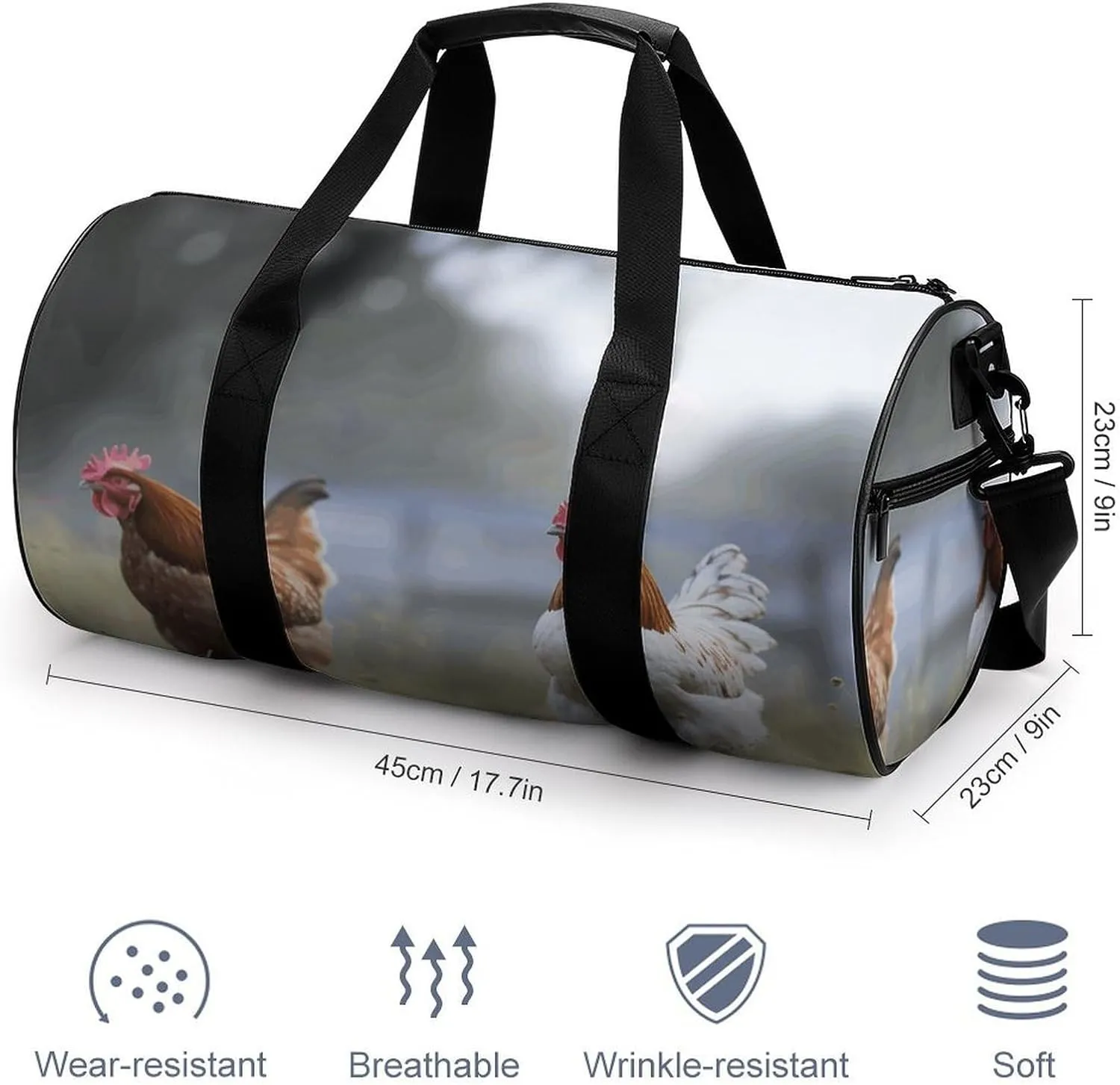 Travel Duffel Bag for Men And Women,Chicken on The Grass Waterproof Sports Fitness Bag Portable Travel Duffel Bag, 17.7in/9in/9in