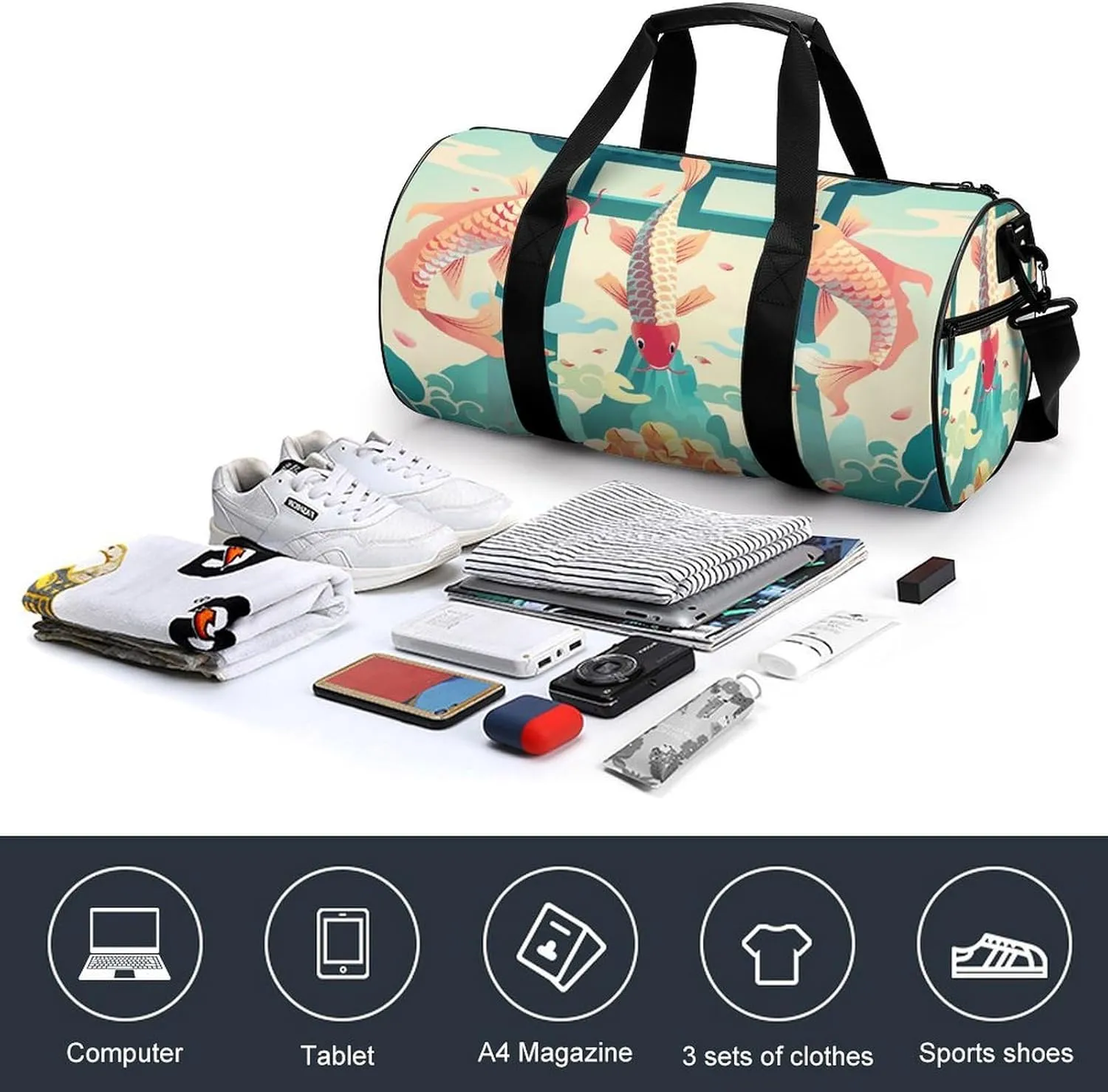 Travel Duffel Bag for Men And Women,Colorful Carp Jumping Waterproof Sports Fitness Bag Portable Travel Duffel Bag