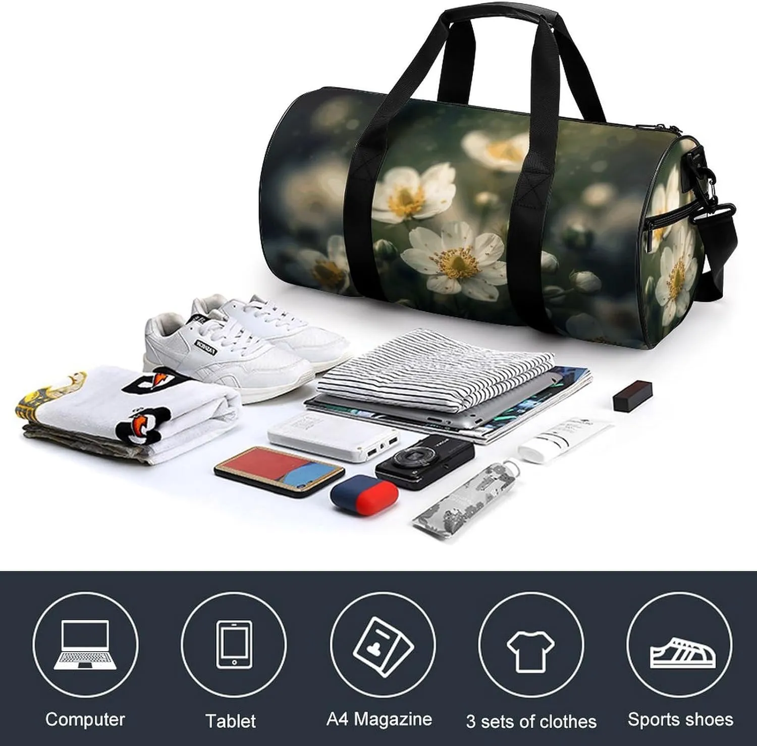 Travel Duffel Bag for Men And Women,Flowers Are White Waterproof Sports Fitness Bag Portable Travel Duffel Bag