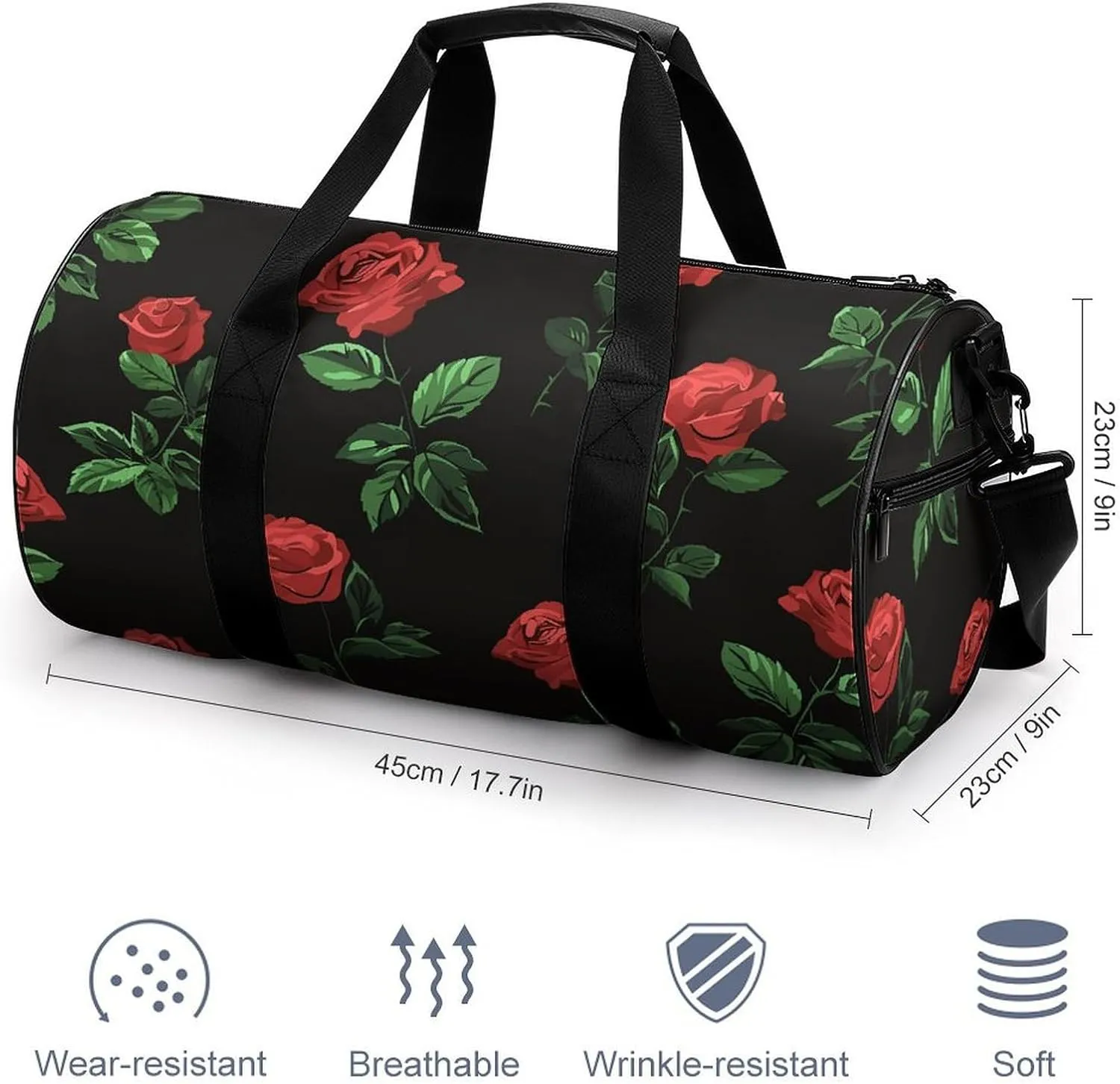 Travel Duffel Bag for Men And Women,Green Leaves Red Roses Waterproof Sports Fitness Bag Portable Travel Duffel Bag