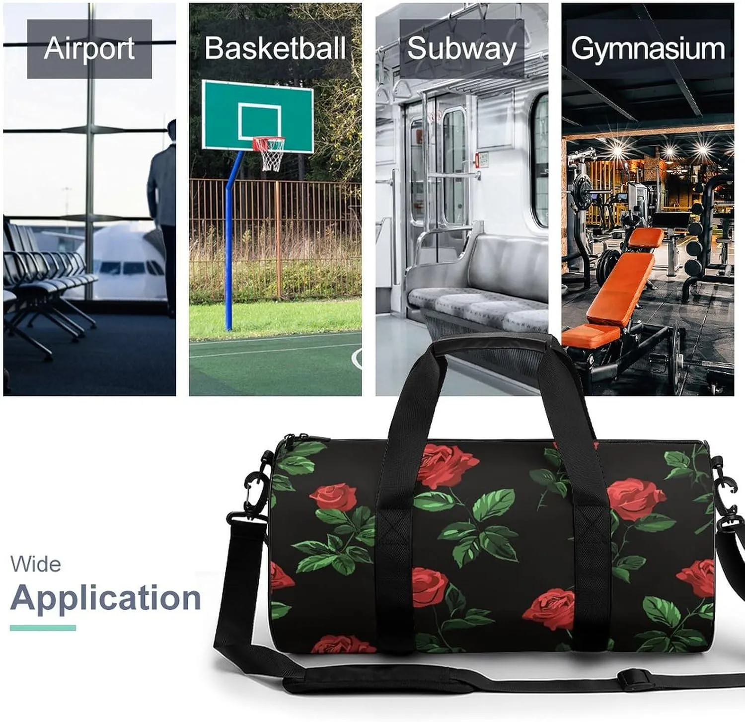 Travel Duffel Bag for Men And Women,Green Leaves Red Roses Waterproof Sports Fitness Bag Portable Travel Duffel Bag