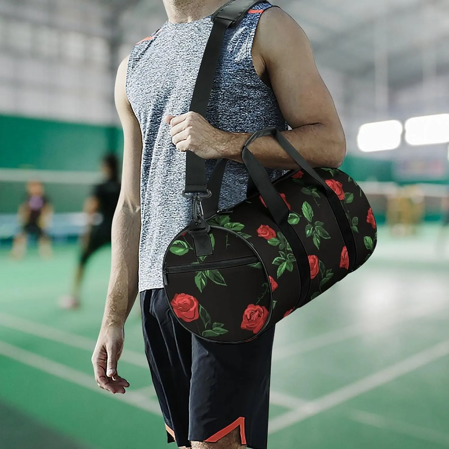 Travel Duffel Bag for Men And Women,Green Leaves Red Roses Waterproof Sports Fitness Bag Portable Travel Duffel Bag