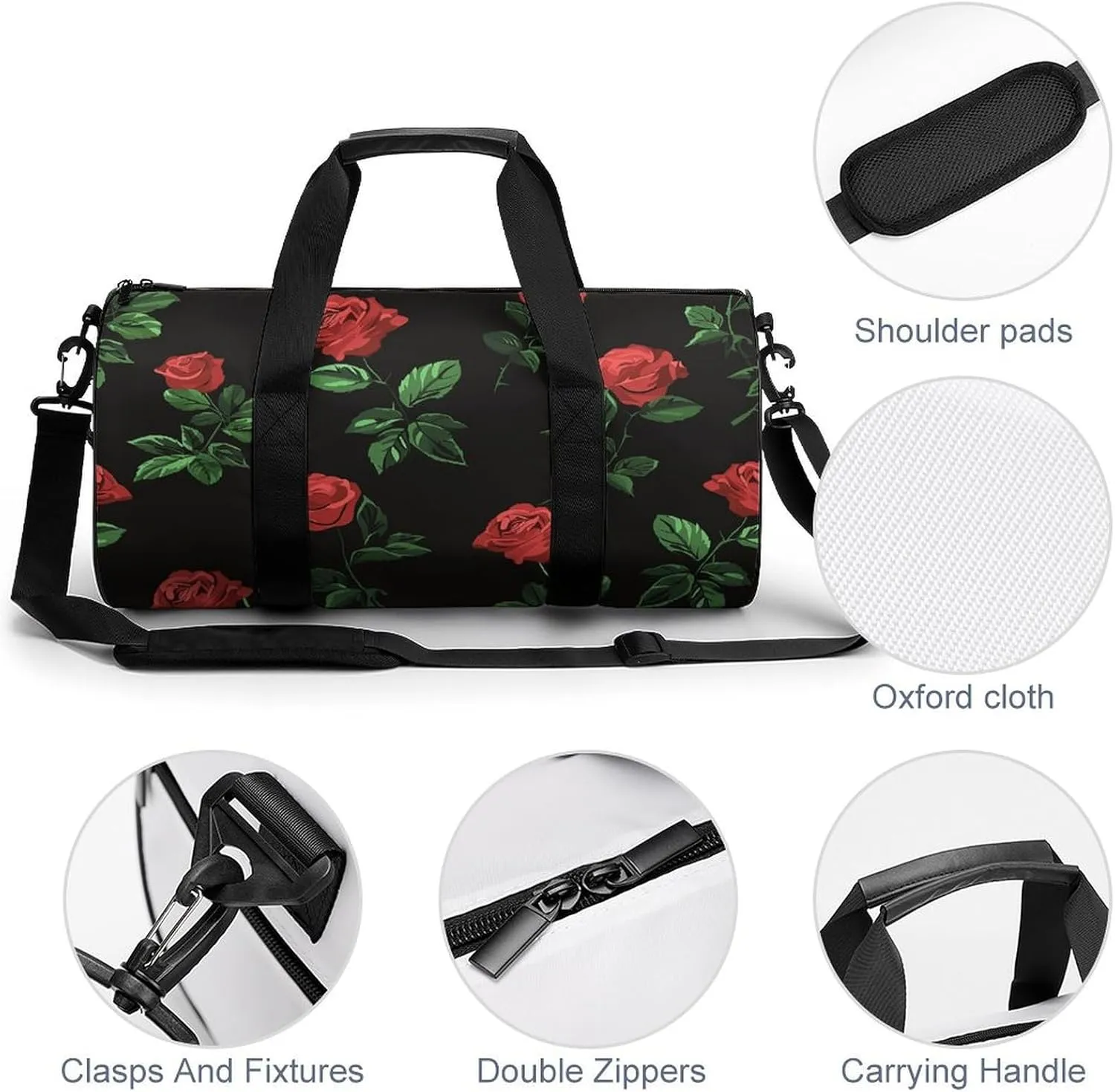 Travel Duffel Bag for Men And Women,Green Leaves Red Roses Waterproof Sports Fitness Bag Portable Travel Duffel Bag