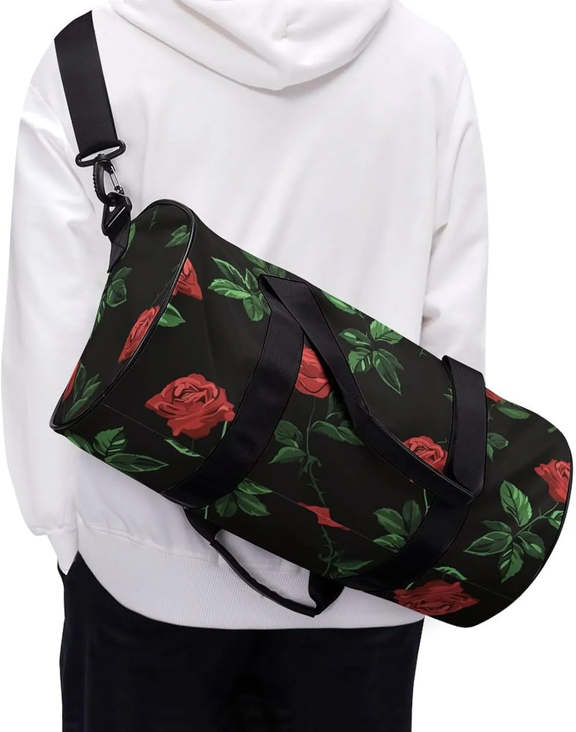 Travel Duffel Bag for Men And Women,Green Leaves Red Roses Waterproof Sports Fitness Bag Portable Travel Duffel Bag