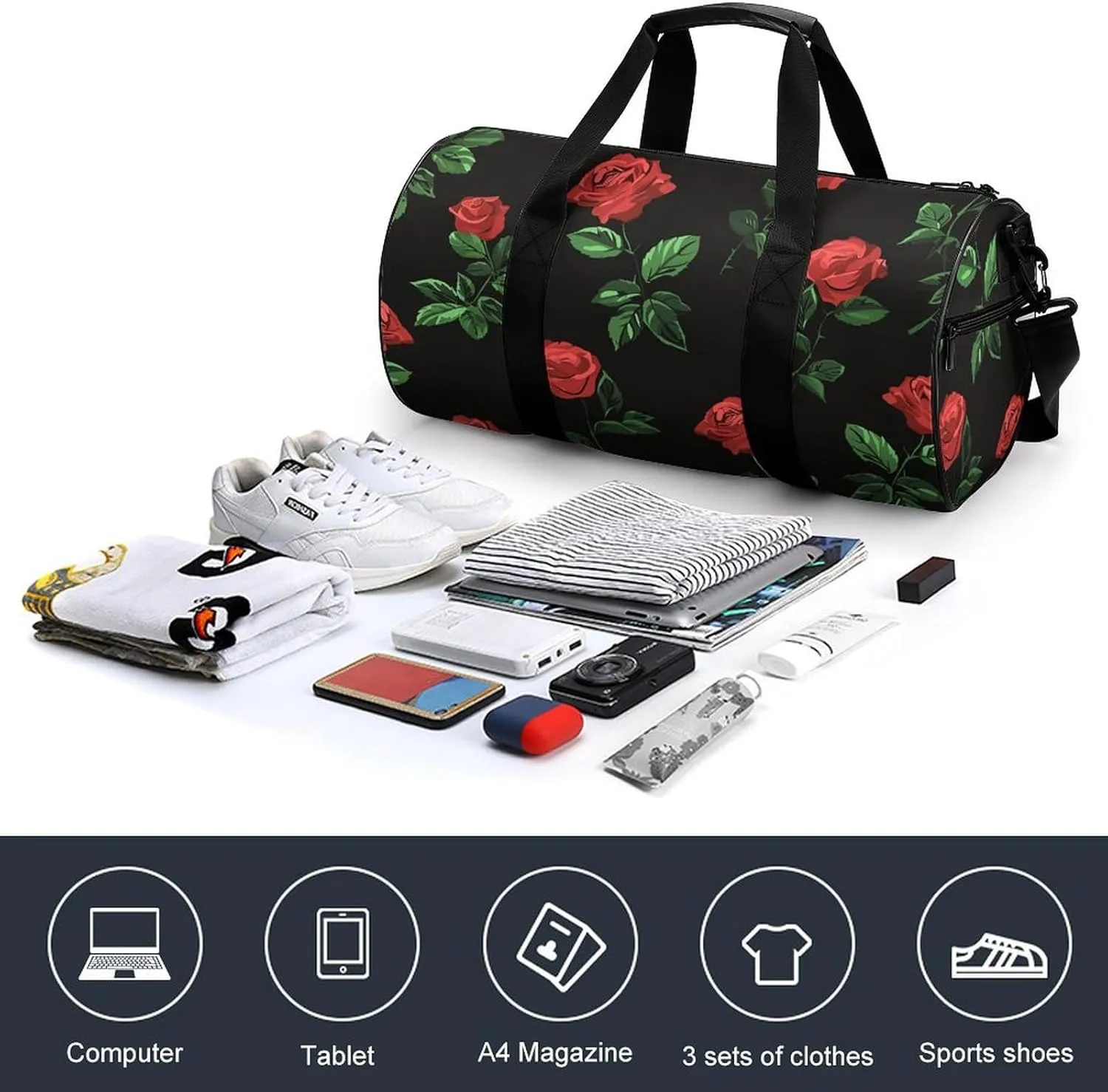 Travel Duffel Bag for Men And Women,Green Leaves Red Roses Waterproof Sports Fitness Bag Portable Travel Duffel Bag