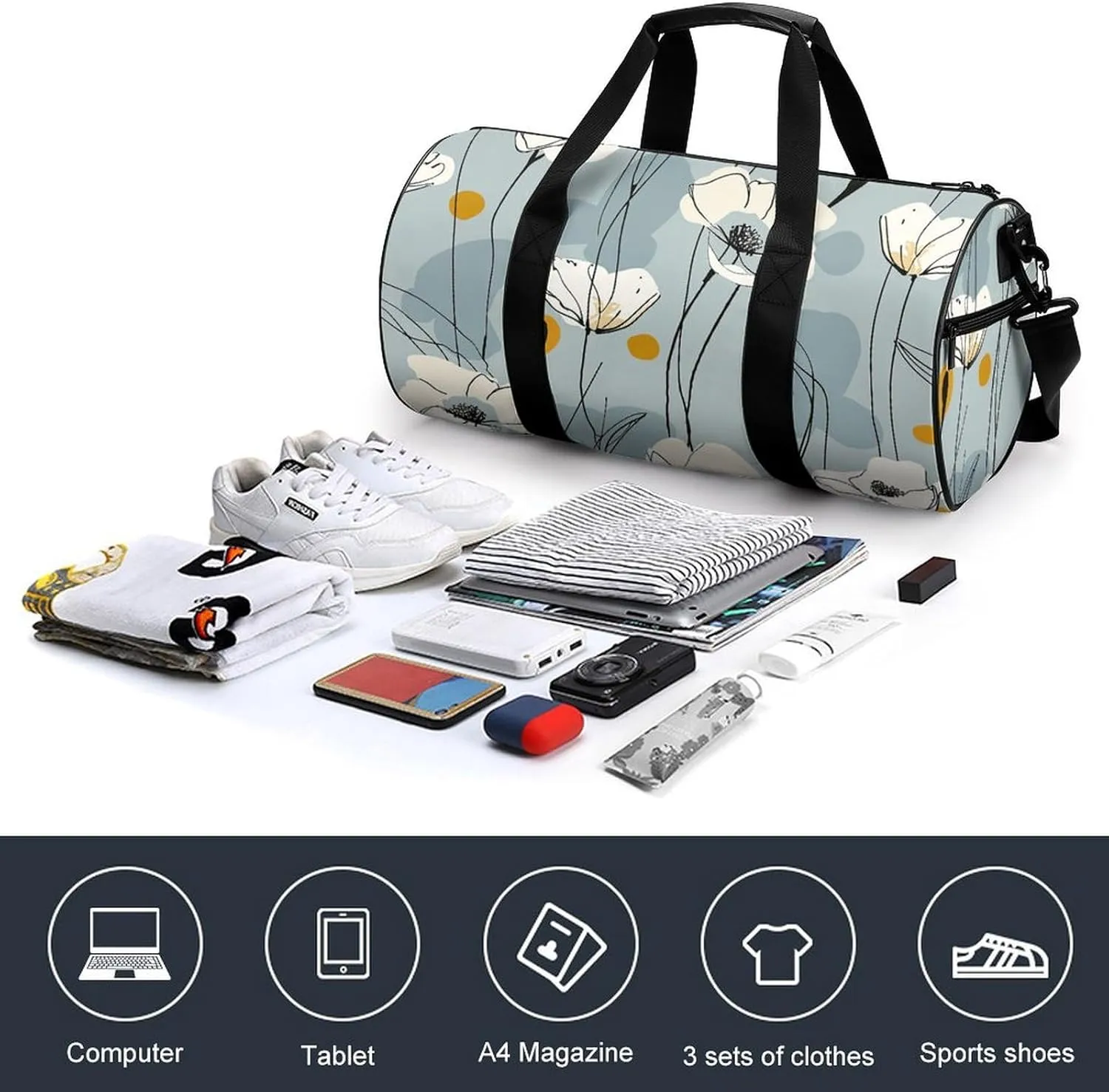 Travel Duffel Bag for Men And Women,Light Blue Petals Waterproof Sports Fitness Bag Portable Travel Duffel Bag