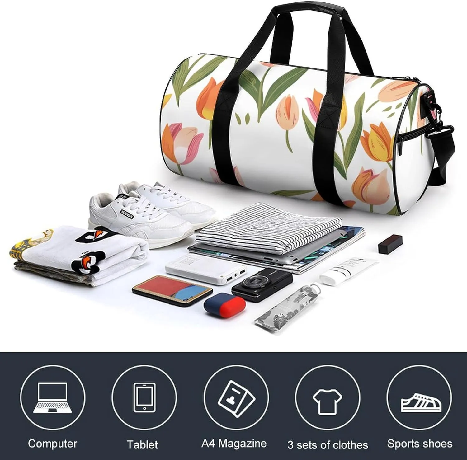 Travel Duffel Bag for Men And Women,Pastel Tulip Pattern Waterproof Sports Fitness Bag Portable Travel Duffel Bag