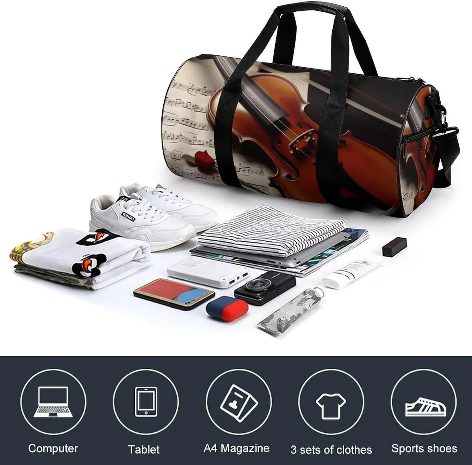 Travel Duffel Bag for Men And Women,Violin Sheet Music Waterproof Sports Fitness Bag Portable Travel Duffel Bag, 17.7in/9in/9in