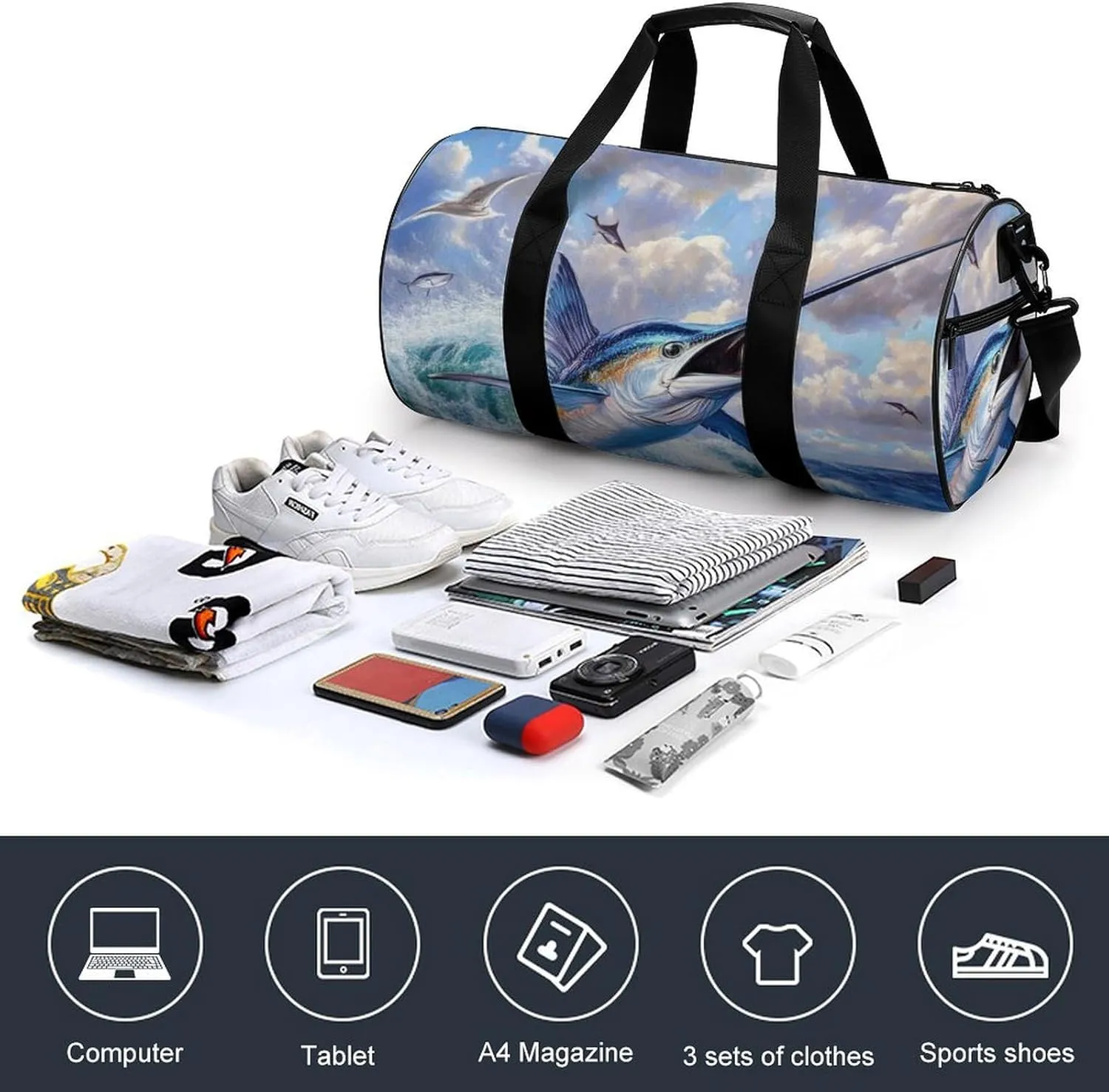 Travel Duffel Bag for Men Women, Foldable Lightweight Gym Yoga Bag with Wet Pocket Whimsical Fish Painting Sport Handbag