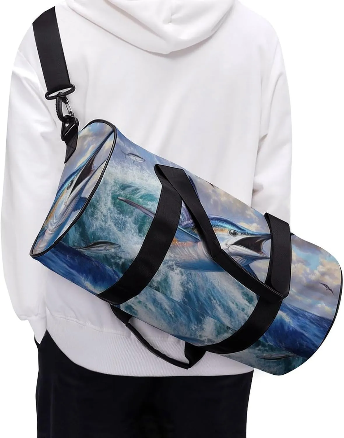 Travel Duffel Bag for Men Women, Foldable Lightweight Gym Yoga Bag with Wet Pocket Whimsical Fish Painting Sport Handbag
