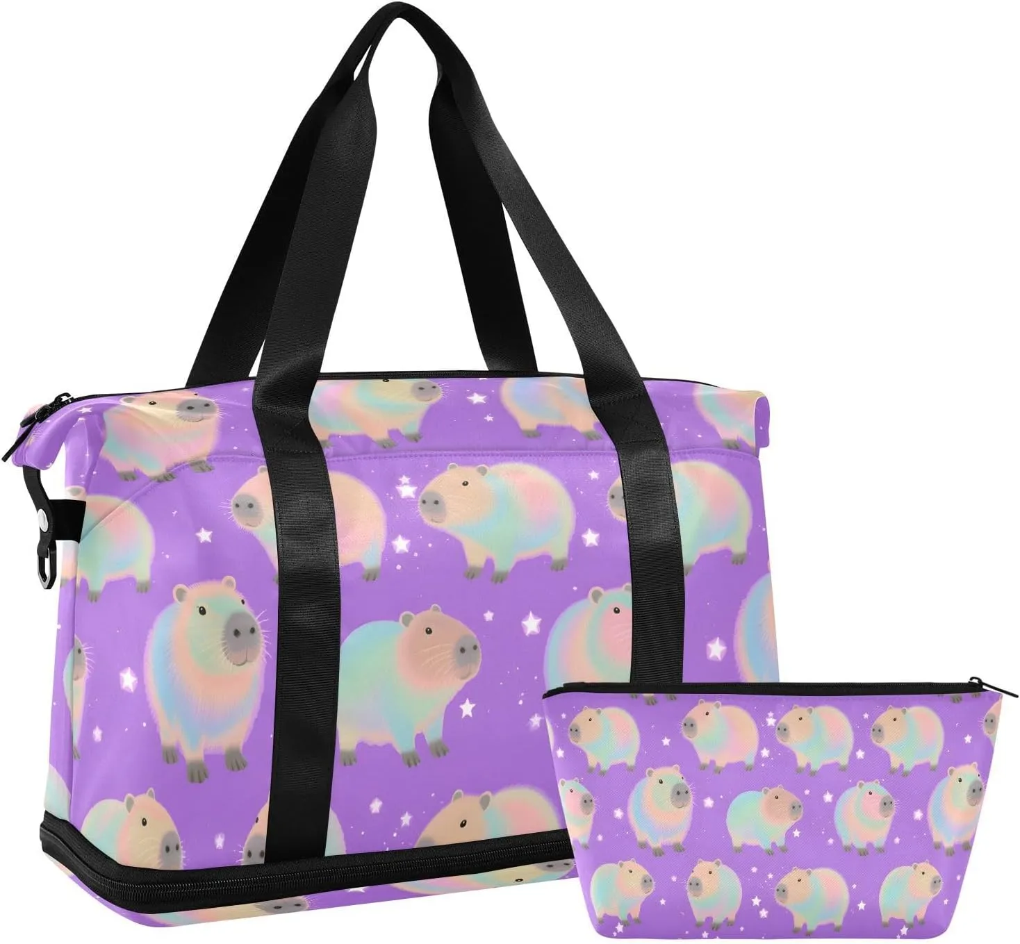 Travel Duffel Bag Laser Capybara Pattern Foldable Sports Tote Gym Bag with Shoe & Wet Compartment Shoulder Carry on Luggage Duffel Weekender Overnight for Men Women