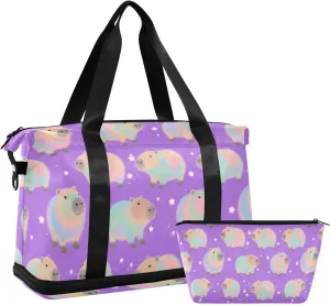 Travel Duffel Bag Laser Capybara Pattern Foldable Sports Tote Gym Bag with Shoe & Wet Compartment Shoulder Carry on Luggage Duffel Weekender Overnight for Men Women