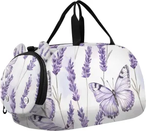 Travel Duffle Bag for Kids Boys Girls Butterfly Lavender Flwoer Purple Sports Bag Overnighter Duffle Sleepover Weekender with Shoes Compartment