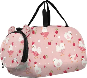 Travel Duffle Bag for Kids Boys Girls Chicken Cherry Pink Sports Bag Overnighter Duffle Sleepover Weekender with Shoes Compartment