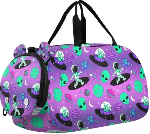 Travel Duffle Bag for Kids Boys Girls Cute Astronauts Alien Space Sports Bag Overnighter Duffle Sleepover Weekender with Shoes Compartment