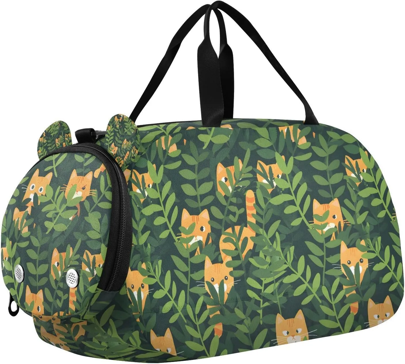 Travel Duffle Bag for Kids Boys Girls Hide Cat Green Sports Bag Overnighter Duffle Sleepover Weekender with Shoes Compartment