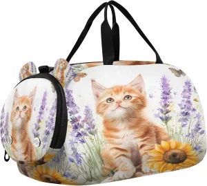 Travel Duffle Bag for Kids Boys Girls Lavender Cat Sunflower Sports Bag Overnighter Duffle Sleepover Weekender with Shoes Compartment