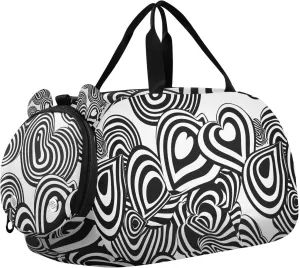 Travel Duffle Bag for Kids Boys Girls Love Heart Black White Stripes Sports Bag Overnighter Duffle Sleepover Weekender with Shoes Compartment