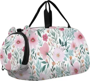 Travel Duffle Bag for Kids Boys Girls Muted Color Spring Pink Flower Sports Bag Overnighter Duffle Sleepover Weekender with Shoes Compartment