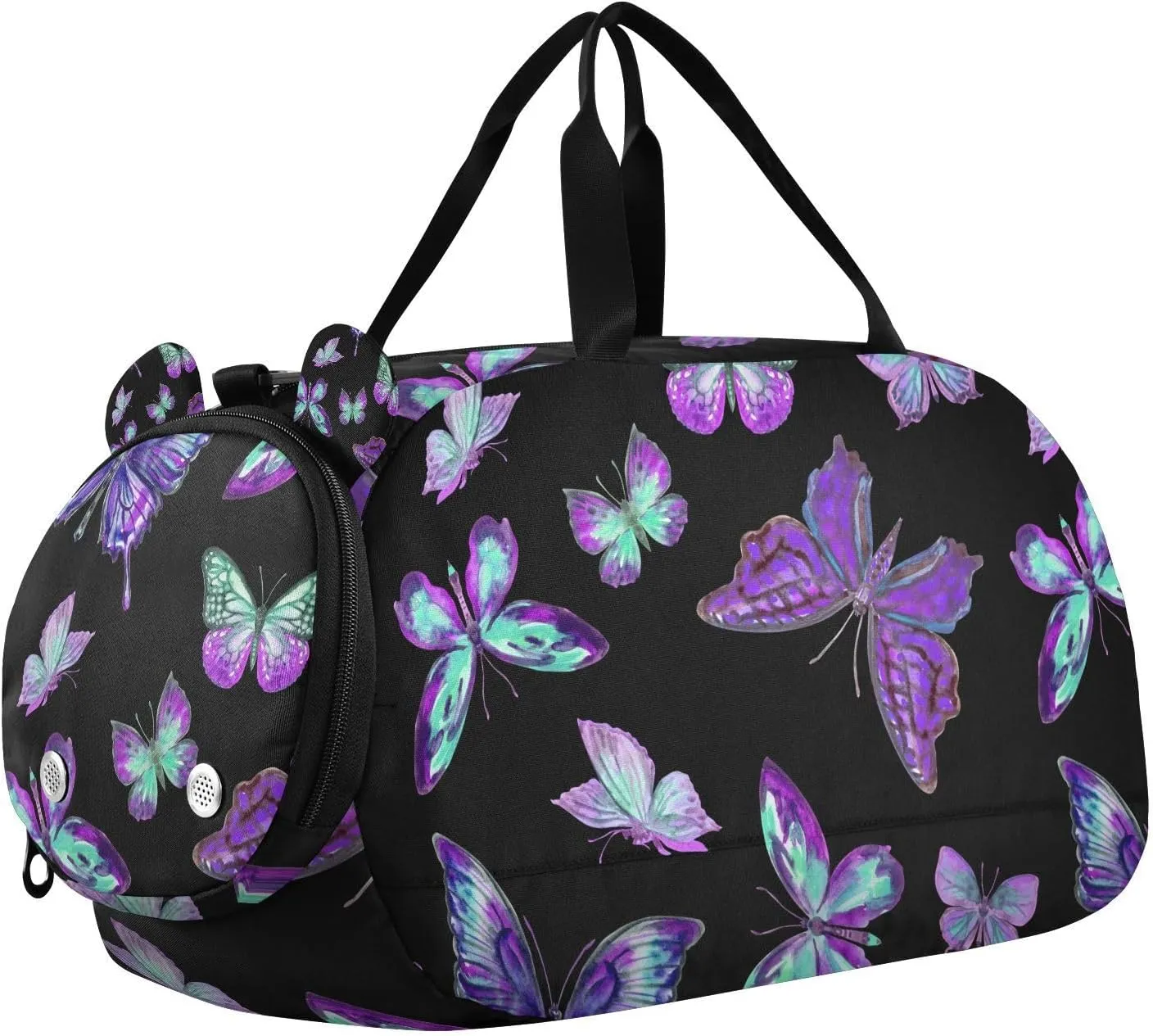 Travel Duffle Bag for Kids Boys Girls Purple Butterfly Animal Sports Bag Overnighter Duffle Sleepover Weekender with Shoes Compartment