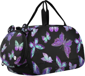 Travel Duffle Bag for Kids Boys Girls Purple Butterfly Animal Sports Bag Overnighter Duffle Sleepover Weekender with Shoes Compartment