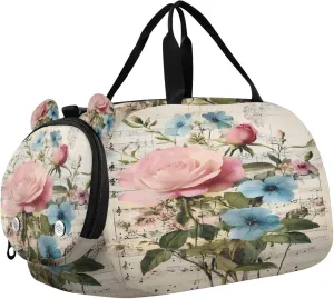 Travel Duffle Bag for Kids Boys Girls Roses Floral French Country Sports Bag Overnighter Duffle Sleepover Weekender with Shoes Compartment