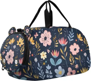 Travel Duffle Bag for Kids Boys Girls Wildflower Paisley Flowers Tropical Blue Sports Bag Overnighter Duffle Sleepover Weekender with Shoes Compartment