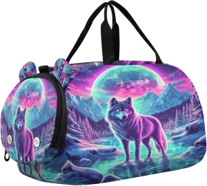 Travel Duffle Bag for Kids Boys Girls Wolf Moon Winter Galaxy Forest Sports Bag Overnighter Duffle Sleepover Weekender with Shoes Compartment