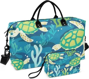 Travel Duffle Bag, Seaweed Turtles Gym Bag with Storage Bag Weekender Overnight Bag for Men Women Trip Sports Yoga