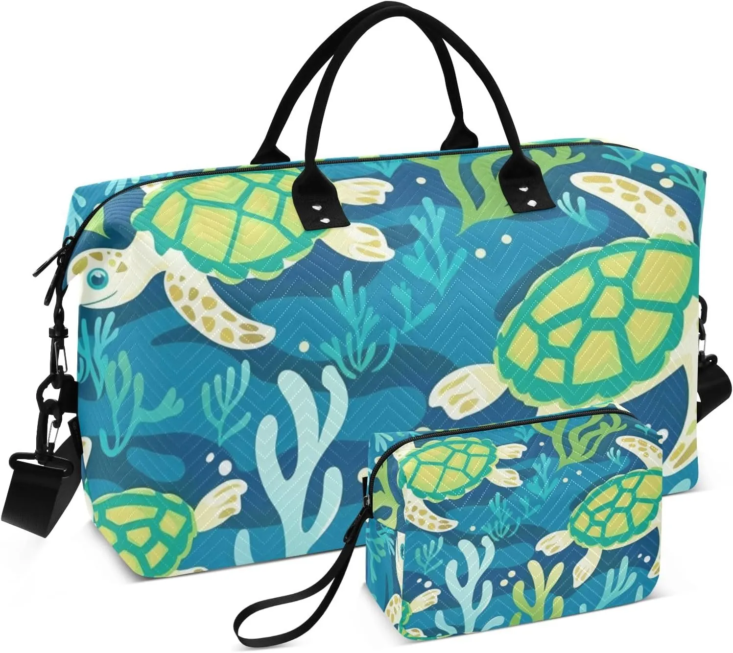 Travel Duffle Bag, Seaweed Turtles Gym Bag with Storage Bag Weekender Overnight Bag for Men Women Trip Sports Yoga