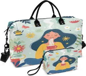 Travel Duffle Bag, Spring Girl Drink Tea Gym Bag with Storage Bag Weekender Overnight Bag for Men Women Trip Sports Yoga