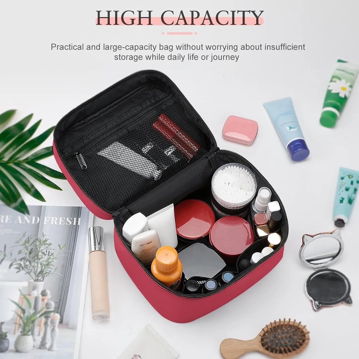 Travel Makeup Bag, Brick Red (Solid Color) Cosmetic Bags for Women Large Capacity Waterproof Toiletry Bag Make up Organizer