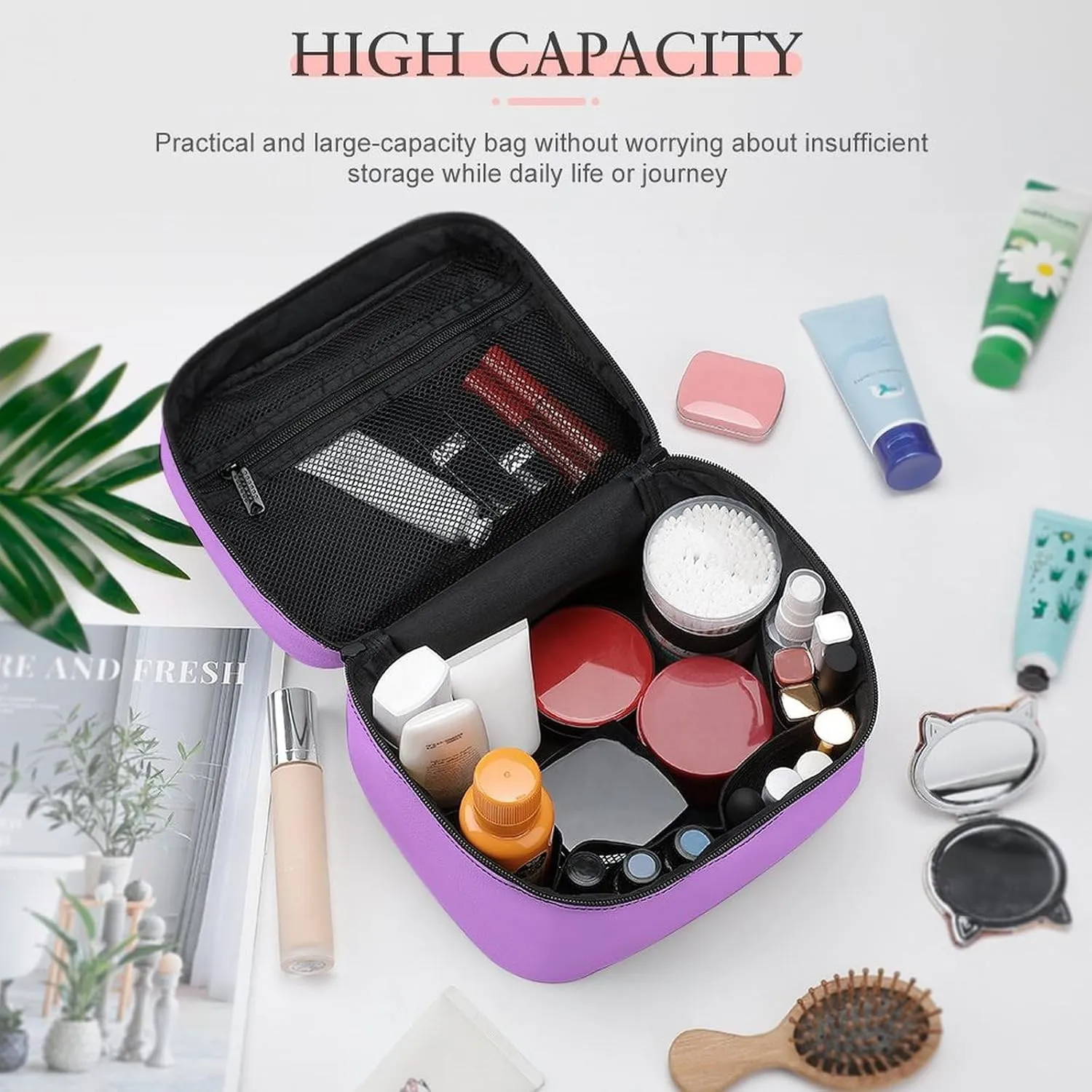 Travel Makeup Bag, Bright Lilac Pattern (Solid Color) Cosmetic Bags for Women Large Capacity Waterproof Toiletry Bag Make up Organizer
