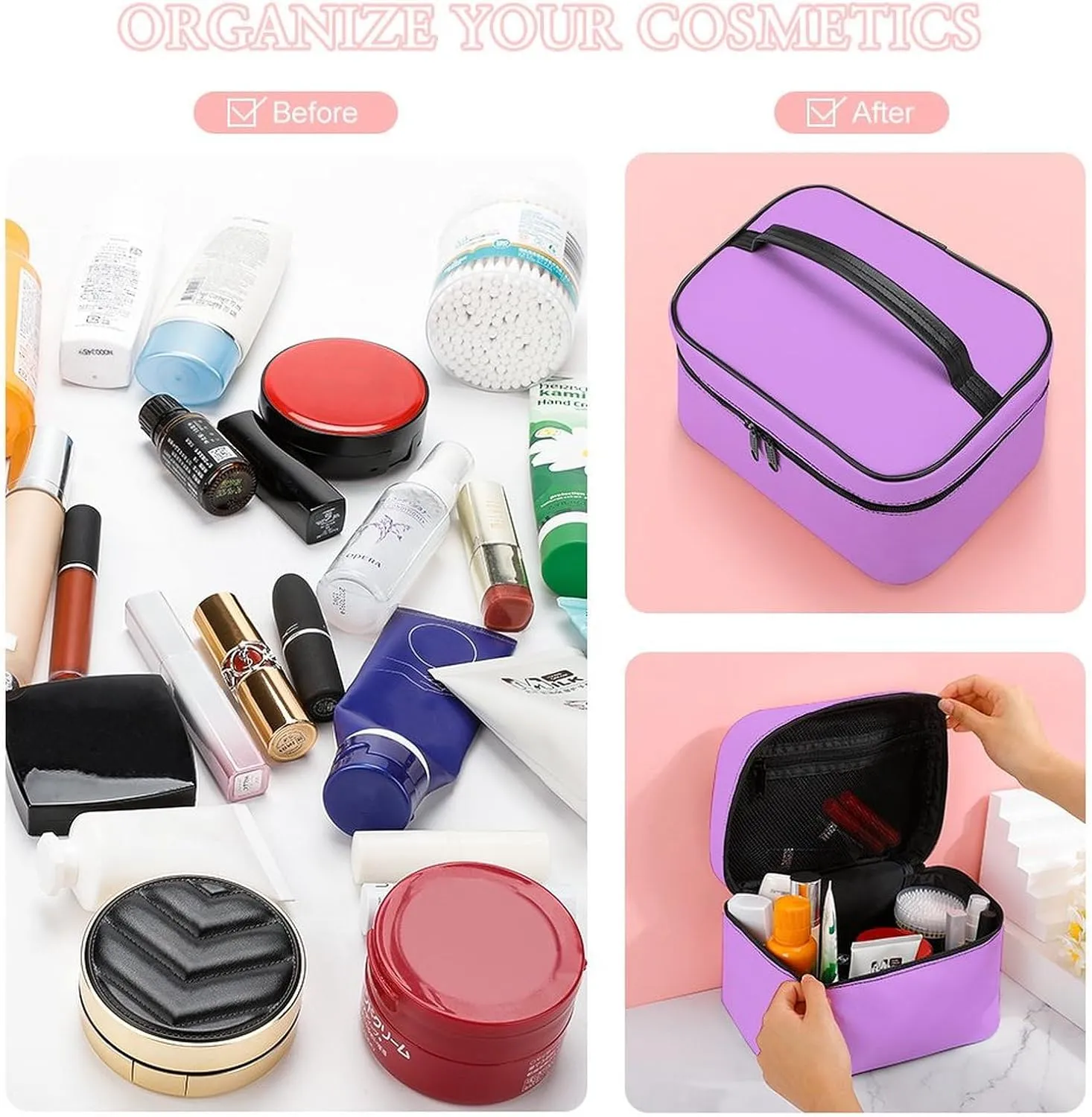 Travel Makeup Bag, Bright Lilac Pattern (Solid Color) Cosmetic Bags for Women Large Capacity Waterproof Toiletry Bag Make up Organizer