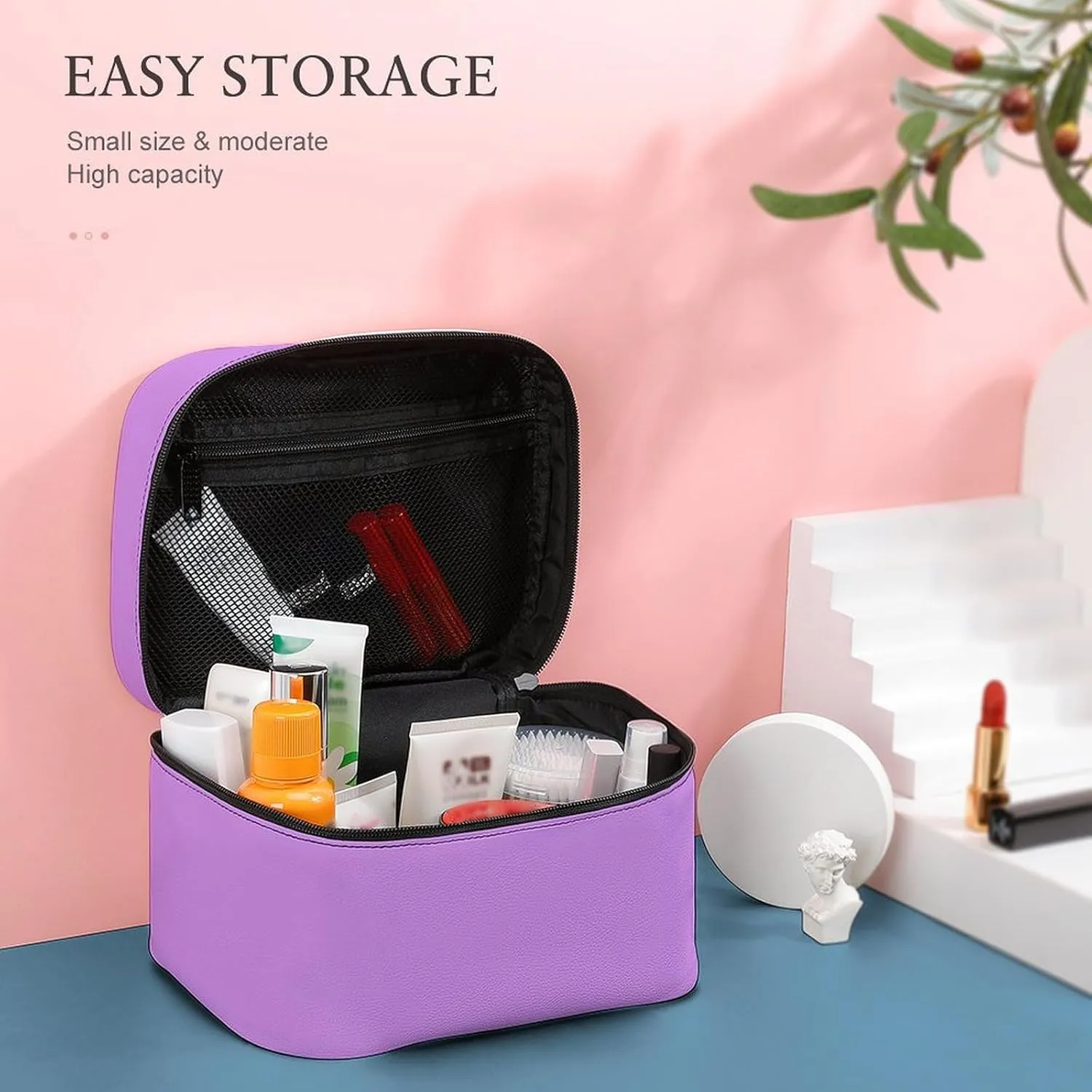 Travel Makeup Bag, Bright Lilac Pattern (Solid Color) Cosmetic Bags for Women Large Capacity Waterproof Toiletry Bag Make up Organizer