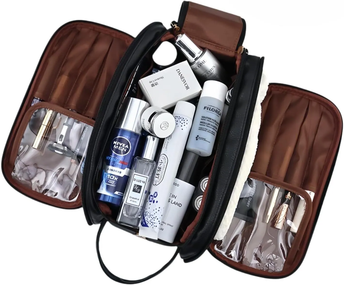 Travel Makeup Bag for Women,Waterproof Cosmetic Organizer with Brush Holder, Toiletry Bag for Makeup Brushes & Travel Essentials, Free-Standing Vertical Storage Bag with Wide Opening (Black)