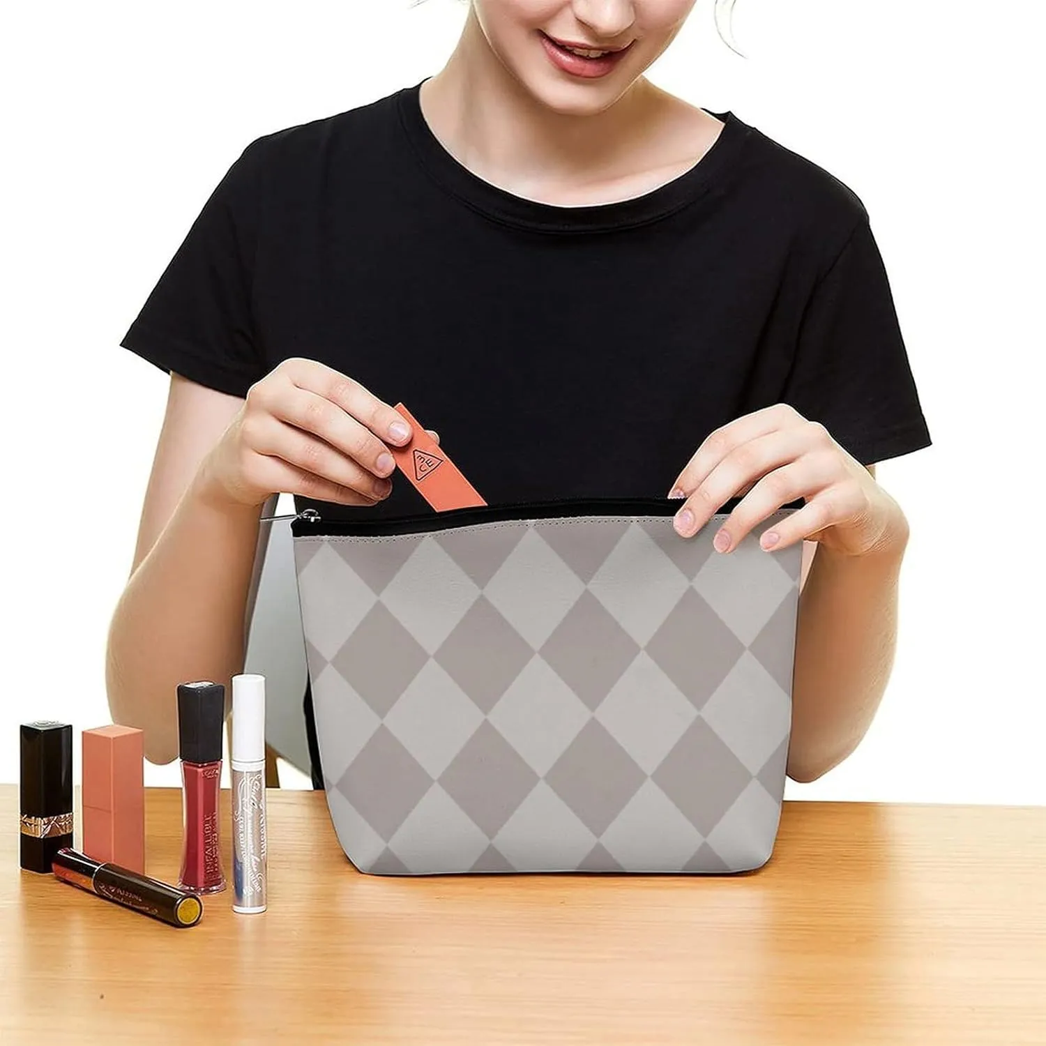 Travel Makeup Bag, Gray Diamond Cosmetic Bags for Women Large Capacity Waterproof Toiletry Pouch Make up Organizer