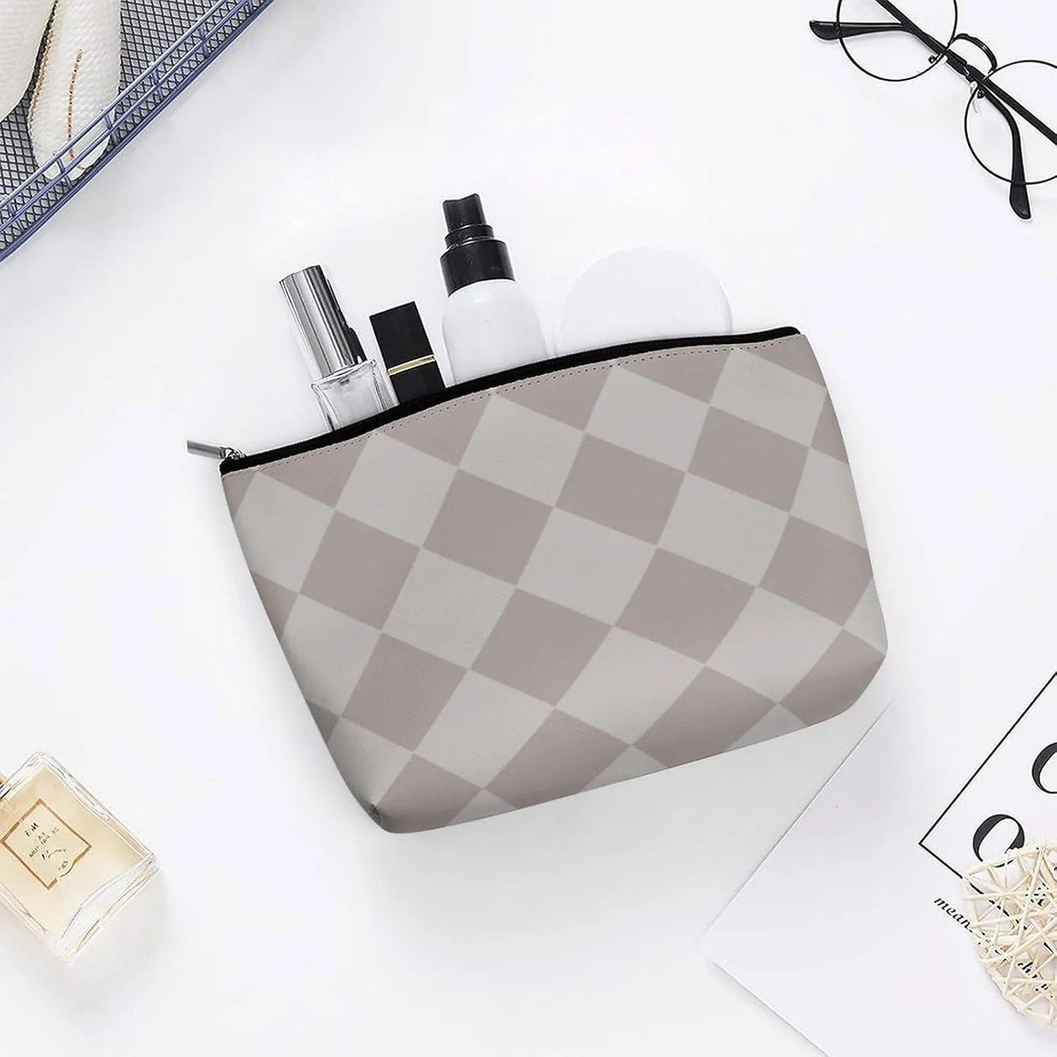 Travel Makeup Bag, Gray Diamond Cosmetic Bags for Women Large Capacity Waterproof Toiletry Pouch Make up Organizer