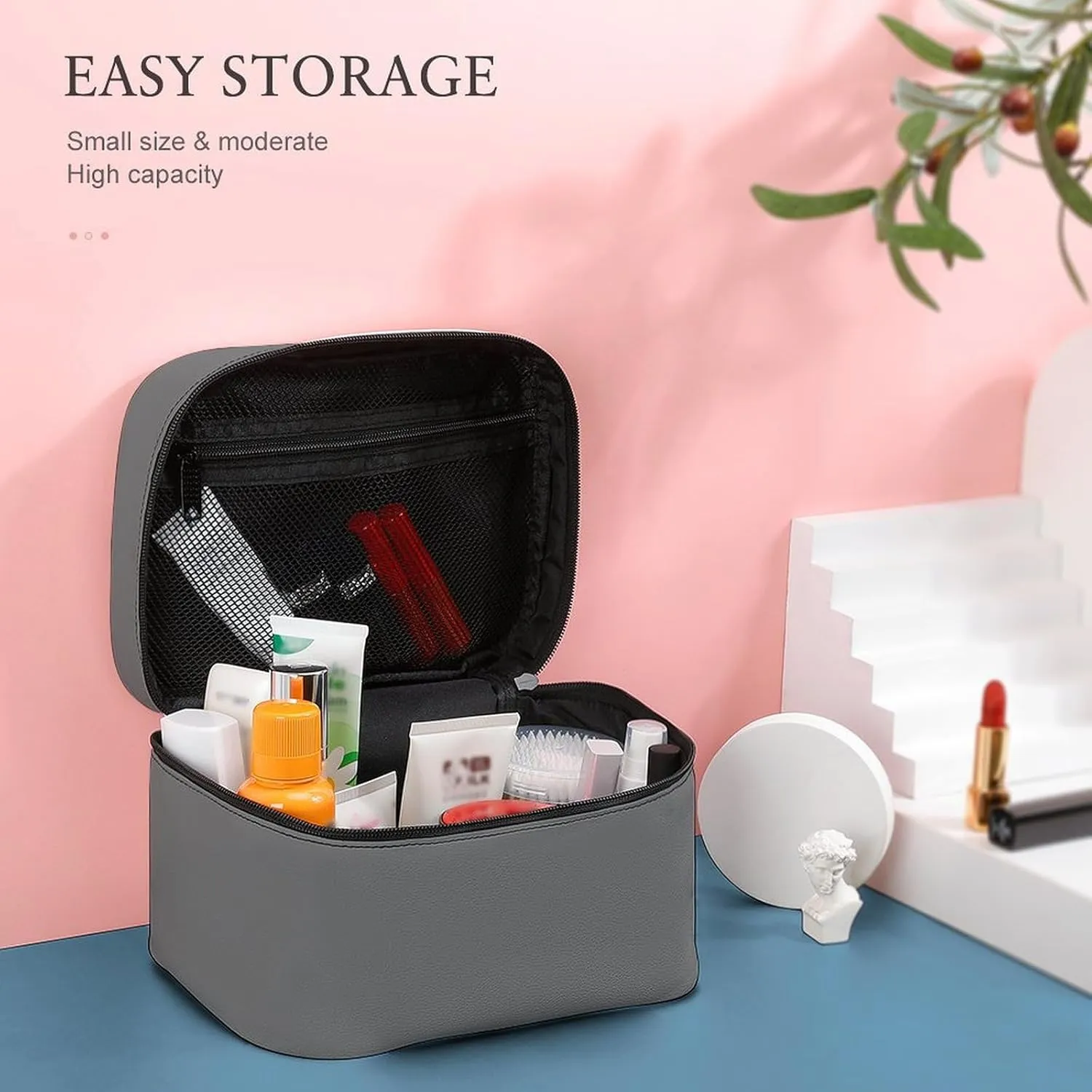 Travel Makeup Bag, Minimalist Grey Solid Plain Simple Cosmetic Bags for Women Large Capacity Waterproof Toiletry Bag Make up Organizer