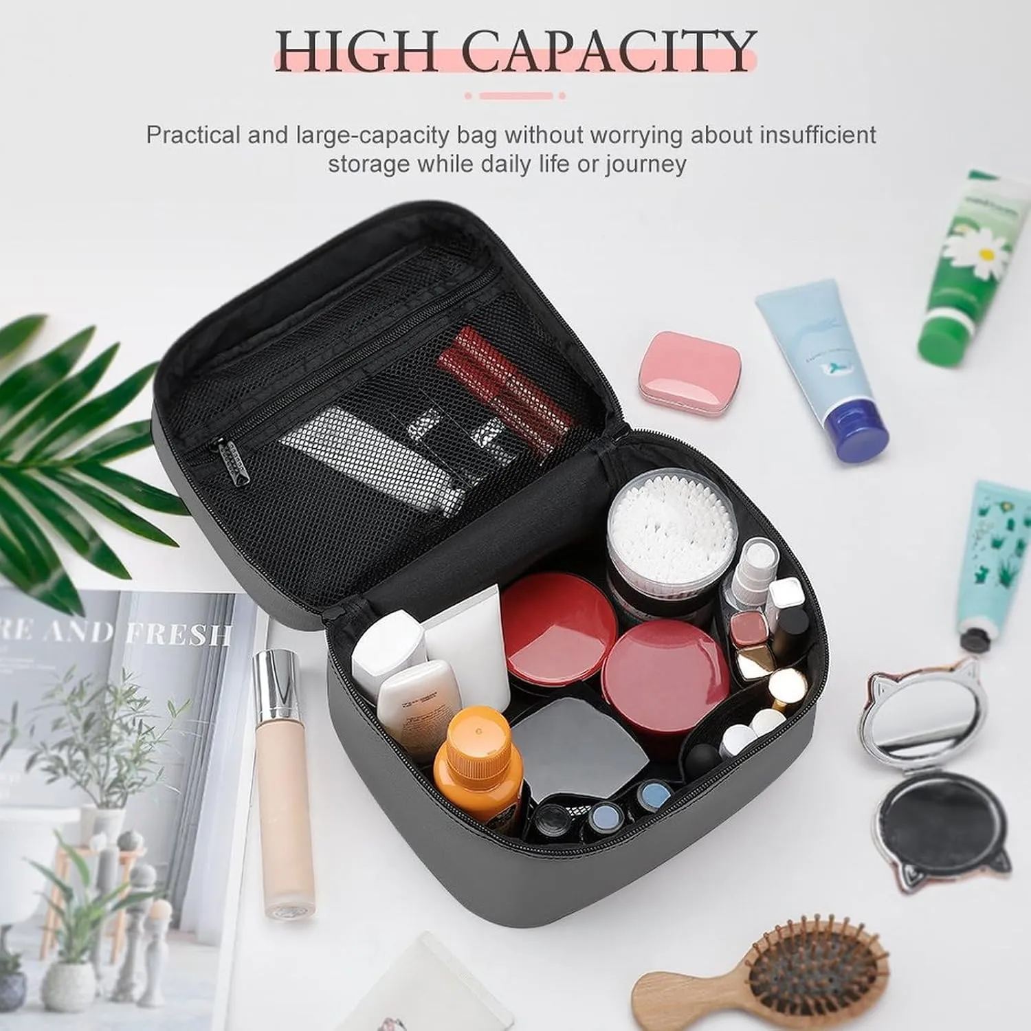Travel Makeup Bag, Minimalist Grey Solid Plain Simple Cosmetic Bags for Women Large Capacity Waterproof Toiletry Bag Make up Organizer