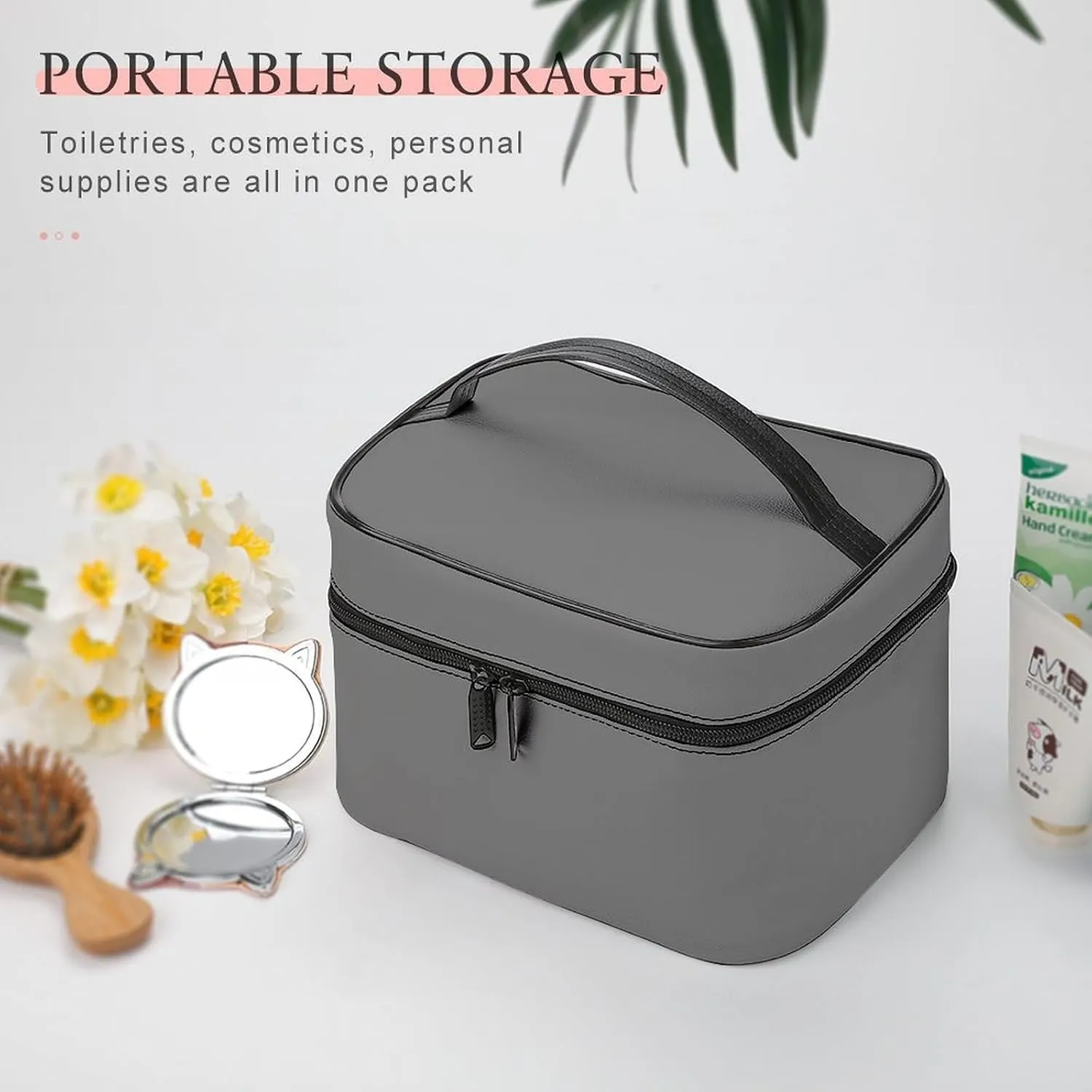 Travel Makeup Bag, Minimalist Grey Solid Plain Simple Cosmetic Bags for Women Large Capacity Waterproof Toiletry Bag Make up Organizer