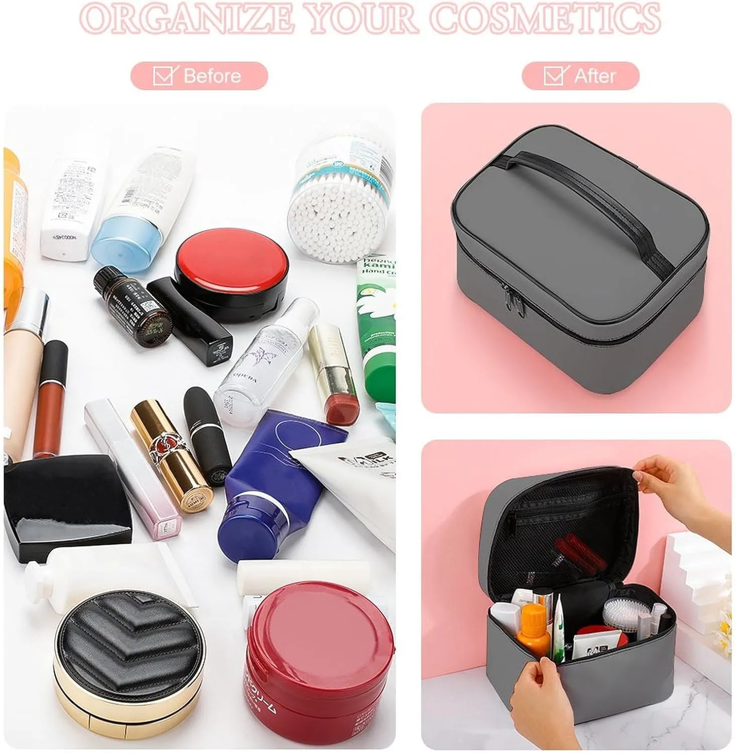 Travel Makeup Bag, Minimalist Grey Solid Plain Simple Cosmetic Bags for Women Large Capacity Waterproof Toiletry Bag Make up Organizer