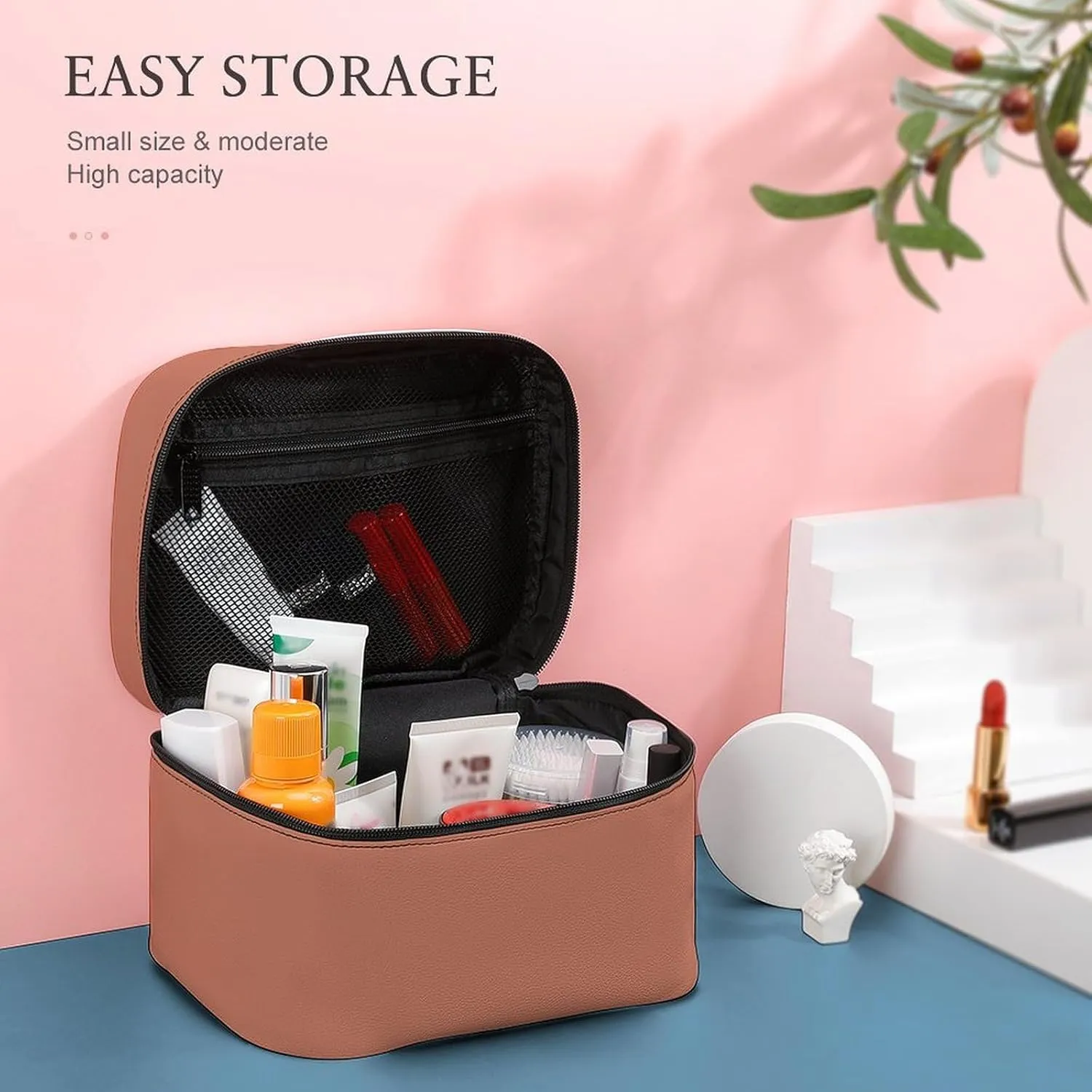 Travel Makeup Bag, Orange Rust Cosmetic Bags for Women Large Capacity Waterproof Toiletry Bag Make up Organizer