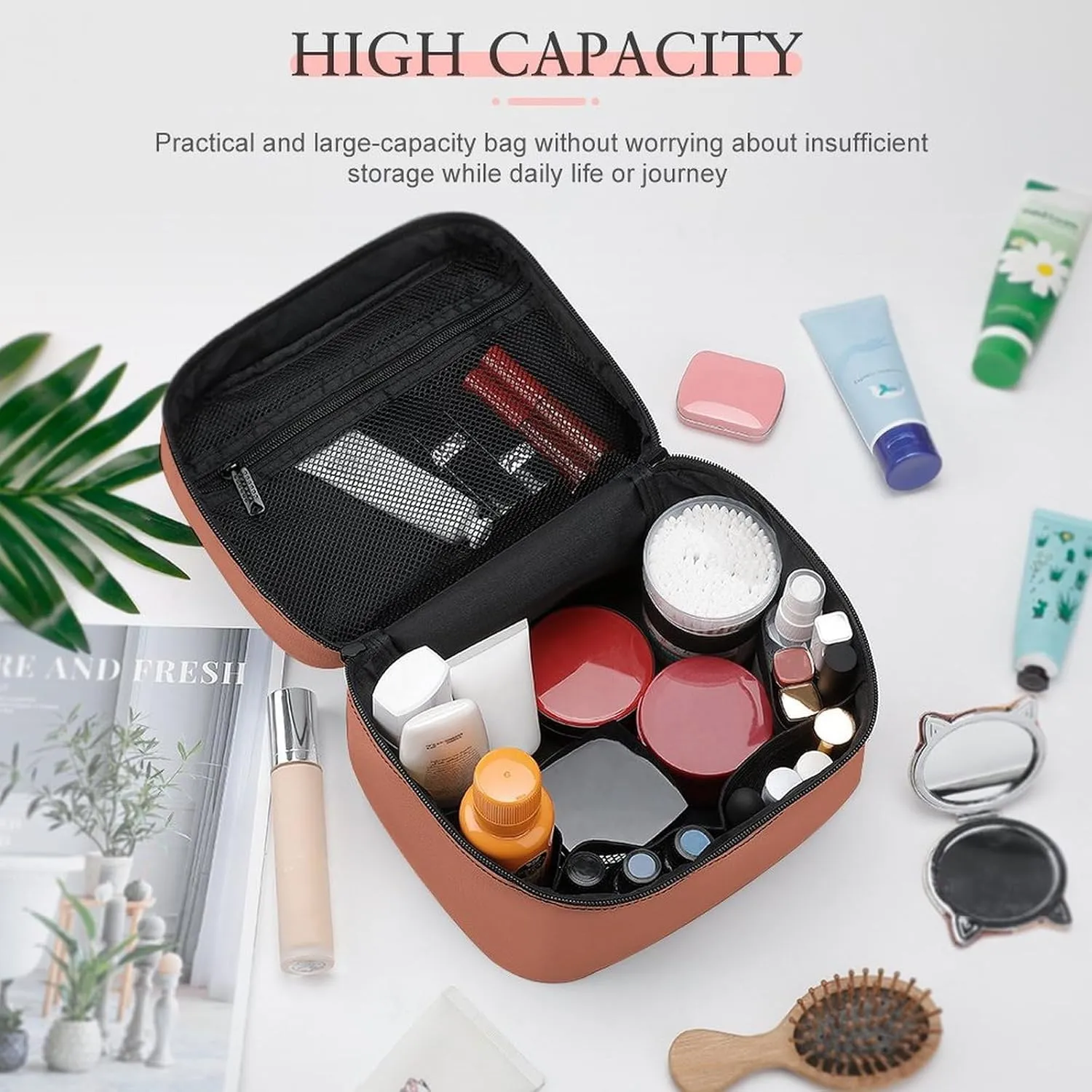 Travel Makeup Bag, Orange Rust Cosmetic Bags for Women Large Capacity Waterproof Toiletry Bag Make up Organizer