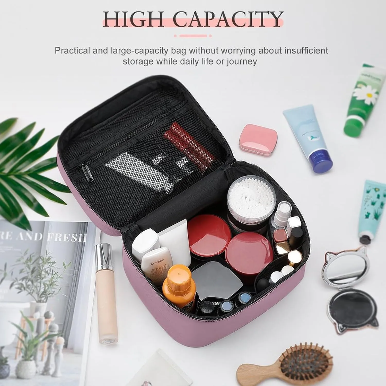 Travel Makeup Bag, Simple Pink Cosmetic Bags for Women Large Capacity Waterproof Toiletry Bag Make up Organizer