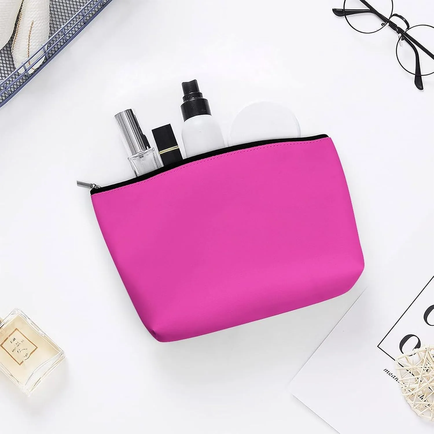 Travel Makeup Bag, Solid Plain Bright Pink Cosmetic Bags for Women Large Capacity Waterproof Toiletry Pouch Make up Organizer