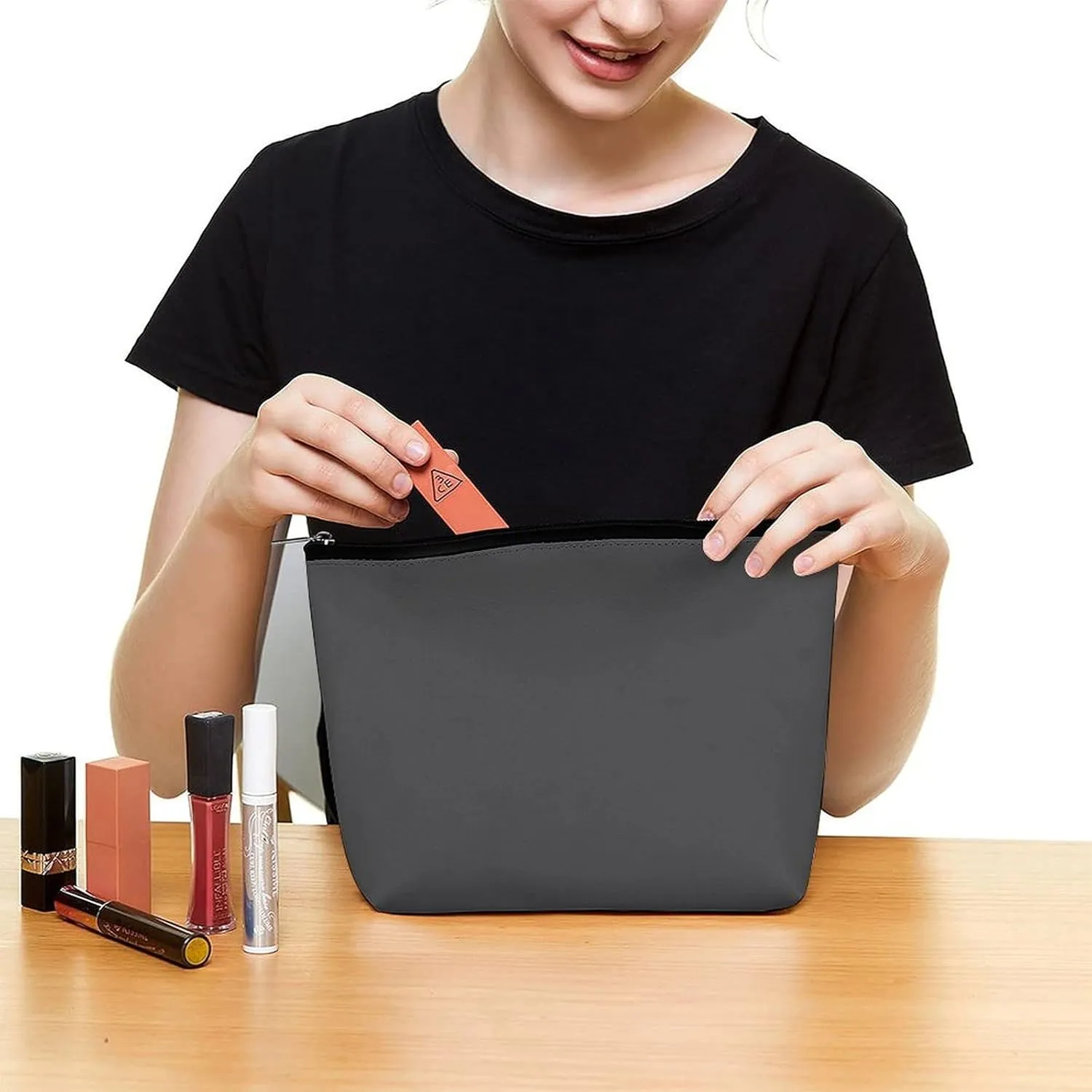 Travel Makeup Bag, Solid Plain Dark Gray Elegant Modern Cosmetic Bags for Women Large Capacity Waterproof Toiletry Pouch Make up Organizer
