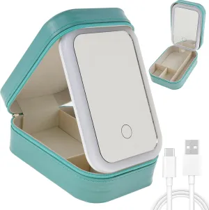 Travel Makeup Bag with LED Mirror, 3 Color LED Adjustable Brightness Waterproof Makeup Bag, Portable USB Rechargeable Makeup Organizer Bag with Storage Compartment for Travels 165×115×60mm, Green,