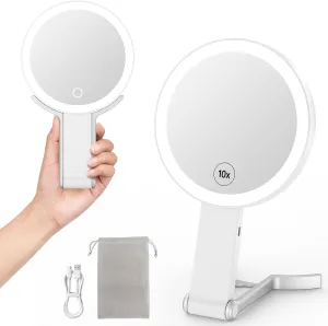 Travel Makeup Mirror with Light, Double Sided 10X /1X Magnifying Mirror with Light, Rechargeable Portable Lighted Beauty Mirrors, 3 Color Lighting Dimmable Touch Screen,Hand Mirror Hanging Tabletop